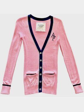 VINTAGE Y2K ABERCROMBIE & FITCH A&F NAVY LOGO PINK CARDIGAN SWEATER WOMENS XS